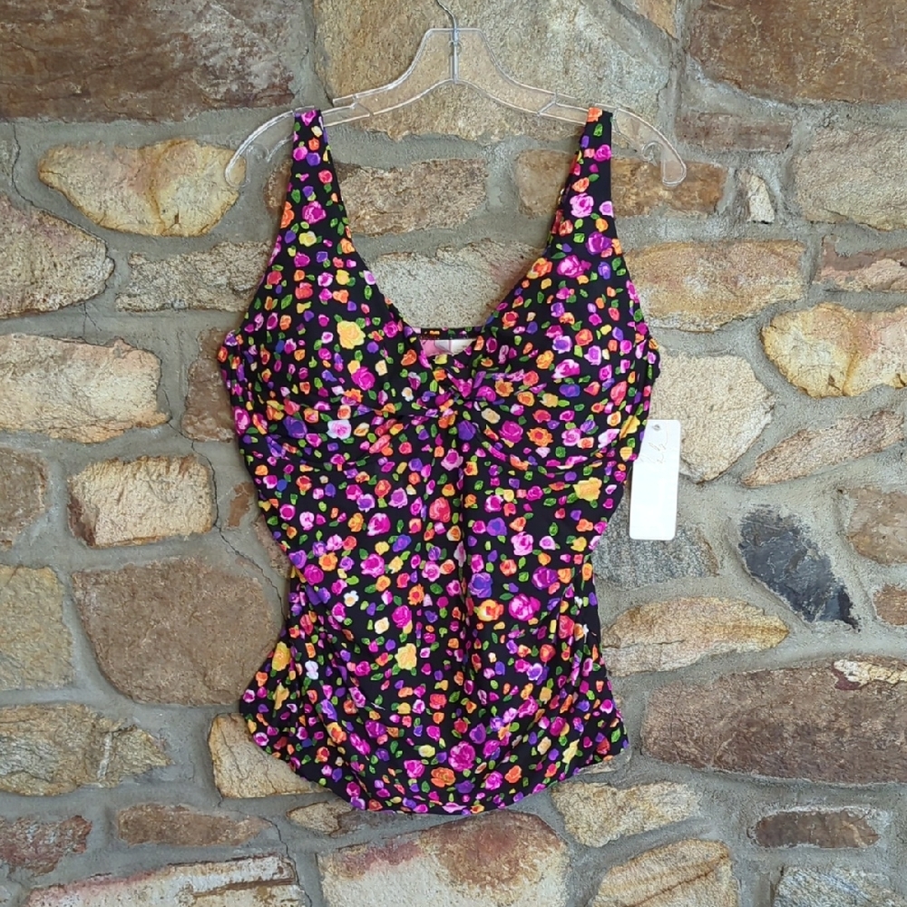 Anne Cole Tankini Top - Black with Multicolor Flowers